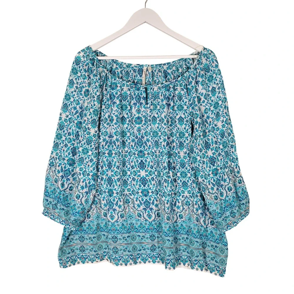 Grand & Greene Blouse Womens‎ XL Blue Paisley Medallion Boho Rayon 3/4 Sleeve